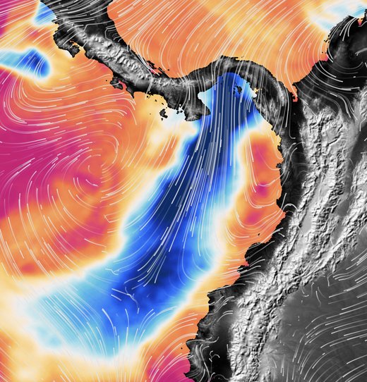 Sea surface temperature and surface winds over the Gulf of Panama in February 2019, with cold upwelled water filling the Gulf